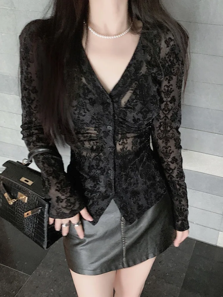 

Black Sexy Slim Fit Long Sleeve V-Neck Shirt Gold Embossed Pleated Women's Autumn Top Flocking Base Layer Pear Shaped