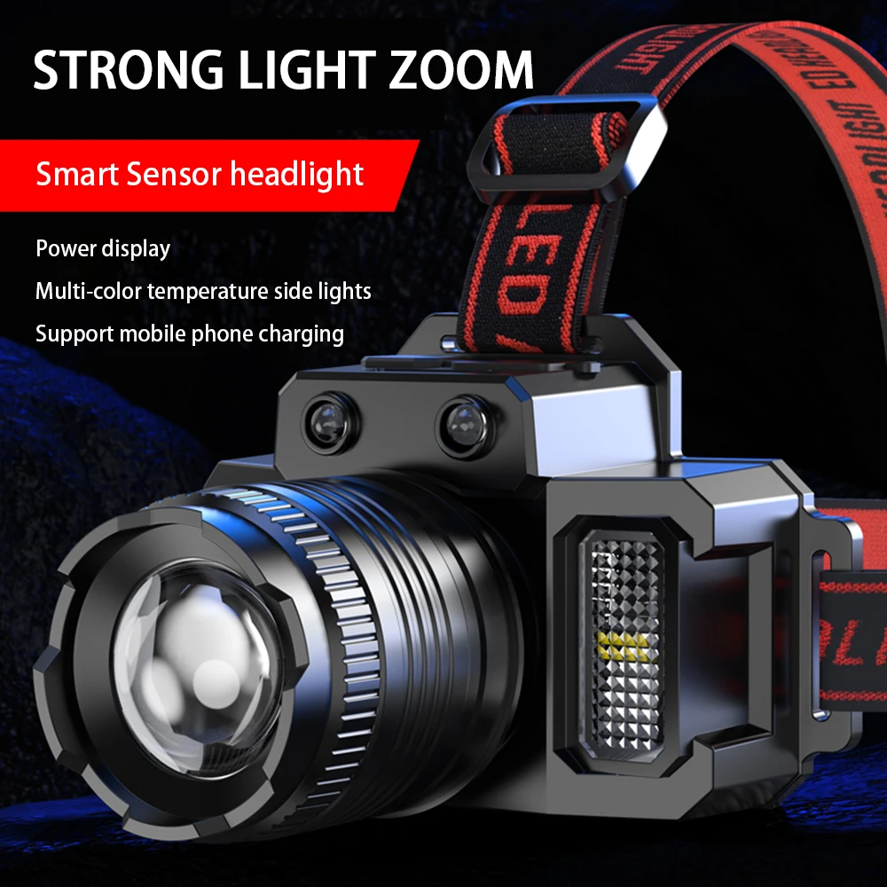 Farol de indução de alta potência Head-mounted lanterna USB recarregável tocha forte luz Zoom Outdoor Spotlight Head Lamp