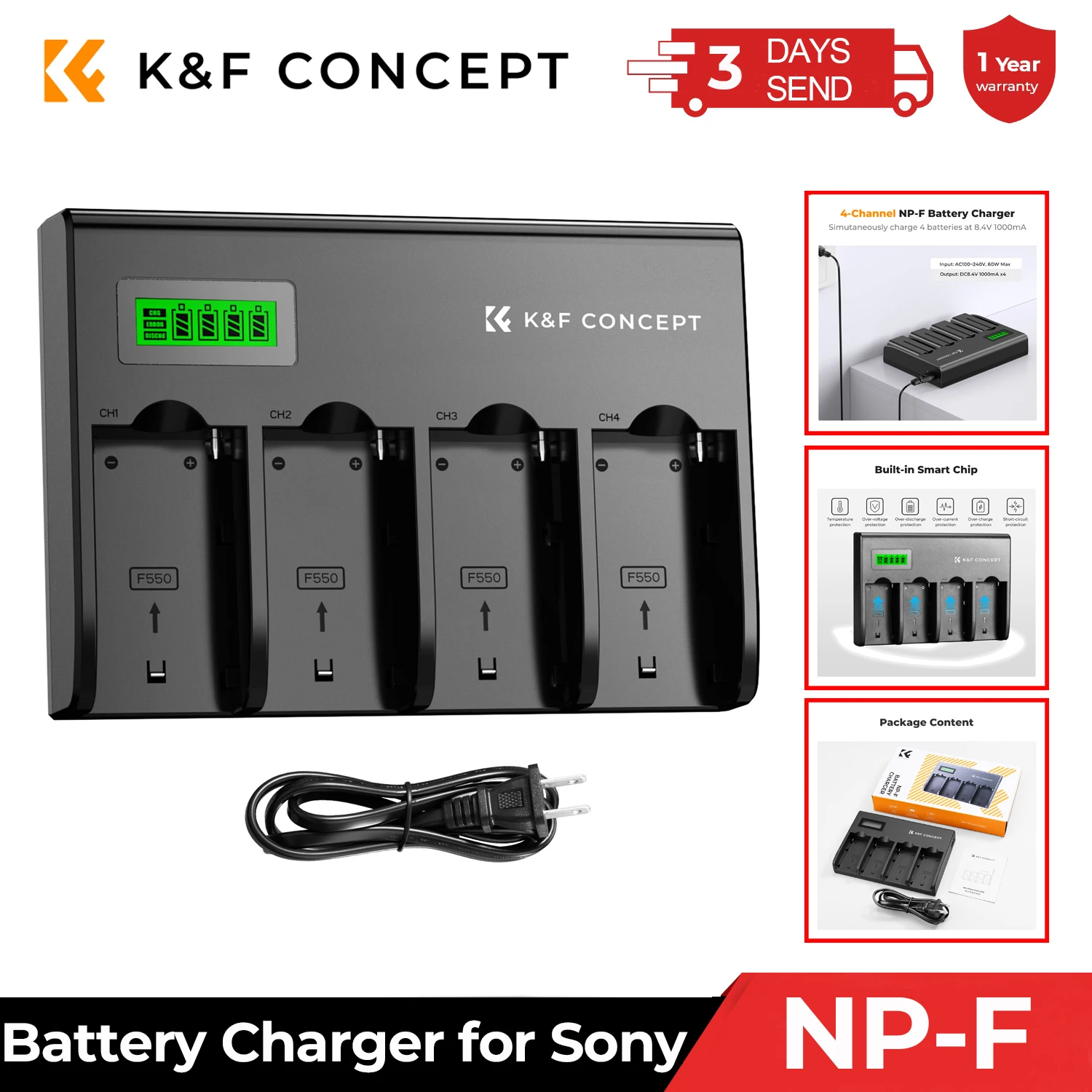 

K&F Concept 4-Channel NP-F Battery Chargers with LCD Display for Sony NP-F970 NP-F960 NP-F950 NP-F930 Camera Camcorder Battery