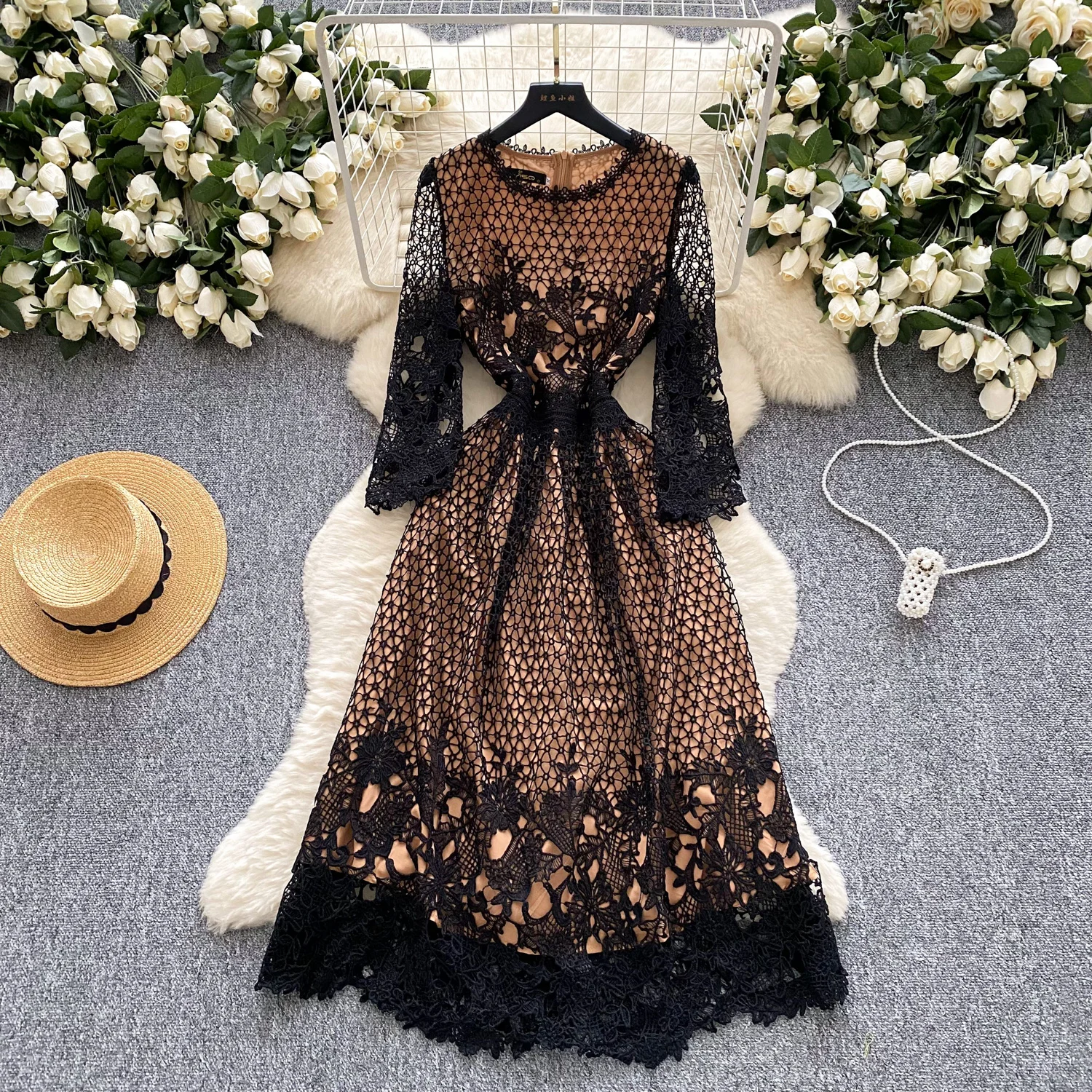 프렌치 훅 플라워 할로우 레이스 긴팔 플로럴 페어리코어 드레스 여성 여름 허리 A라인 행사 드레스 여성 의류