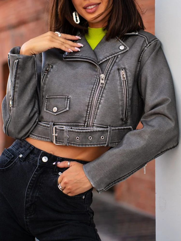 Ailegogo New Spring Autumn Women Loose Fit Retro Pu Faux Leather Jacket Streetwear Female Belt Zipper Coat Moto Biker Outwear