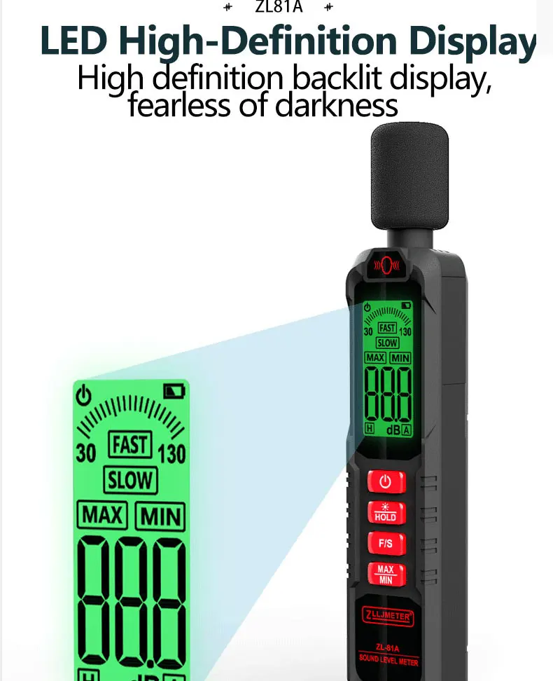 Digitaler Geräuschmesser, Schallpegelmesser, tragbares DB-Messgerät, A-gewichtet, 30–130 dB, Audiomessgerät, Dezibel-Monitor – Detail 4