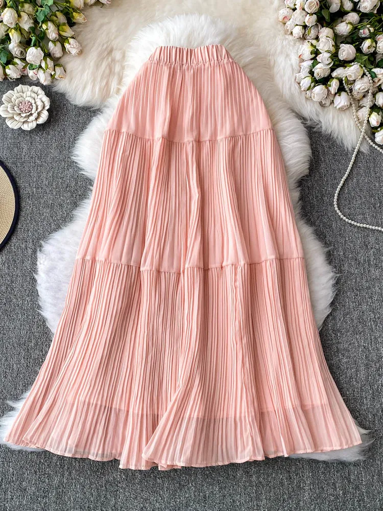 

Design Sensation Summer 2025 High Waist A-Line Midi Skirt Women's Casual Slimming Pure Color f-length Pleated Skirt