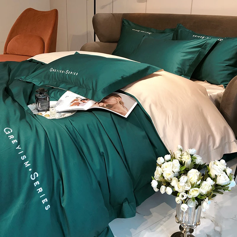 2024 Long-staple Cotton Four-piece Bed Linen New Stitching Embroidery Plain Color Cotton Bedding Light Luxury Style Green Khaki