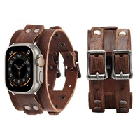 Correa de cuero genuino para Apple Watch Band 44mm 40mm 45mm 46mm 49mm pulsera con doble hebilla de Metal serie iWatch Ultra 3/11/10/SE3
