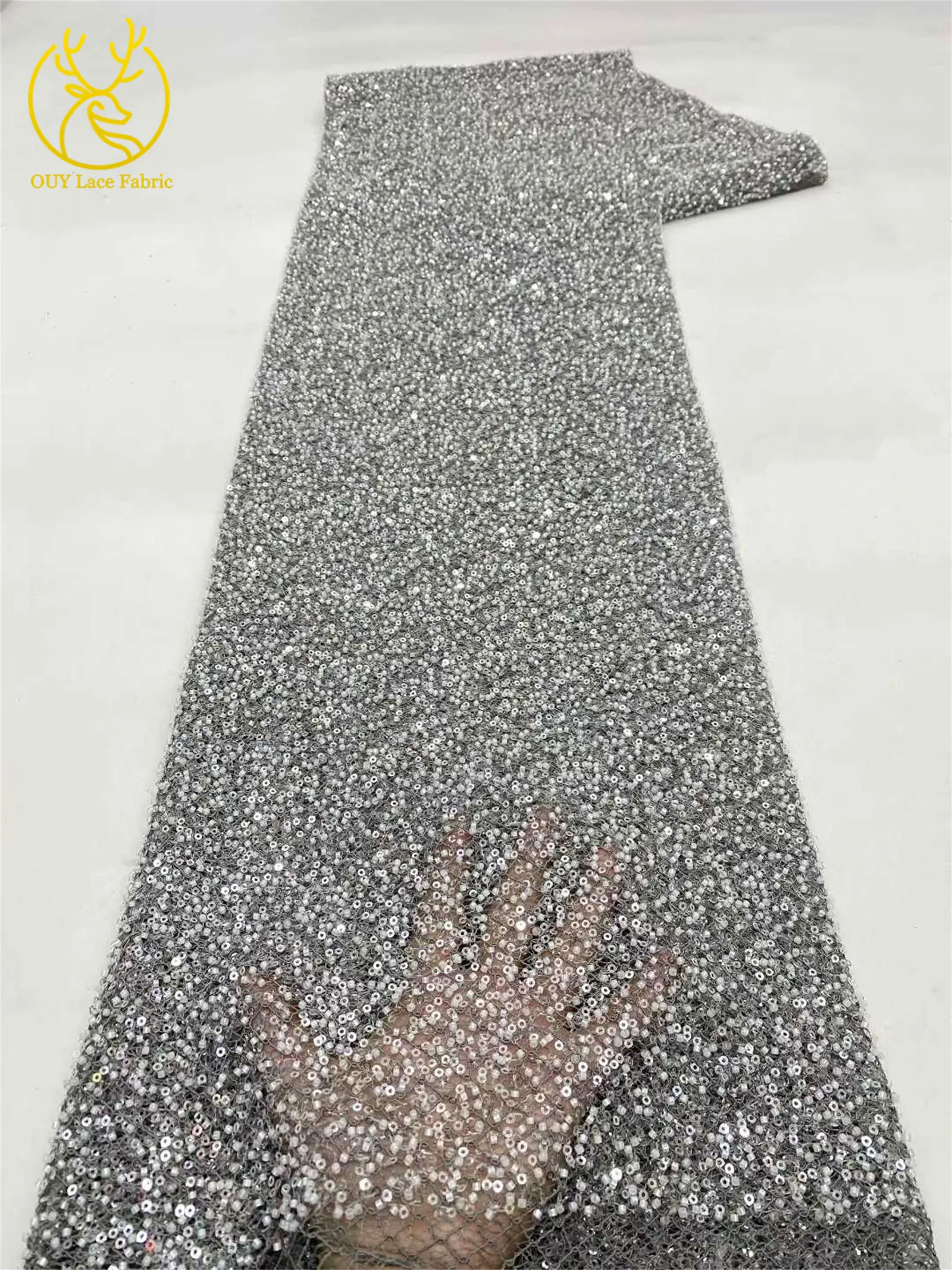 Weißer französischer Perlen-Pailletten-Spitzenstoff 2026 Hochwertiger nigerianischer afrikanischer Spitzenstoff, geeignet für Hochzeiten und Partys, 5 Yards – Detail 16