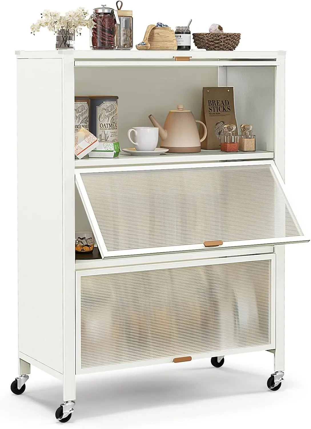 

4-Tier Kitchen Storage Cabinet, Freestanding Microwaves Rack with Universal Wheels, Flip-Up PC Doors,