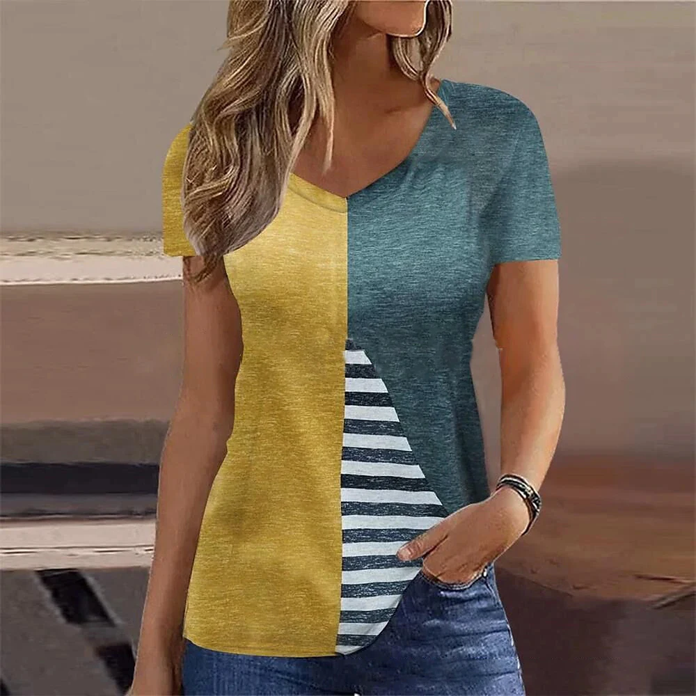 Women\'s T-Shirt Summer Stripe Short Sleeve Tee Shirt Fashion Blue V-Neck Female Clothing Casual New T-Shirt for Women Pullover