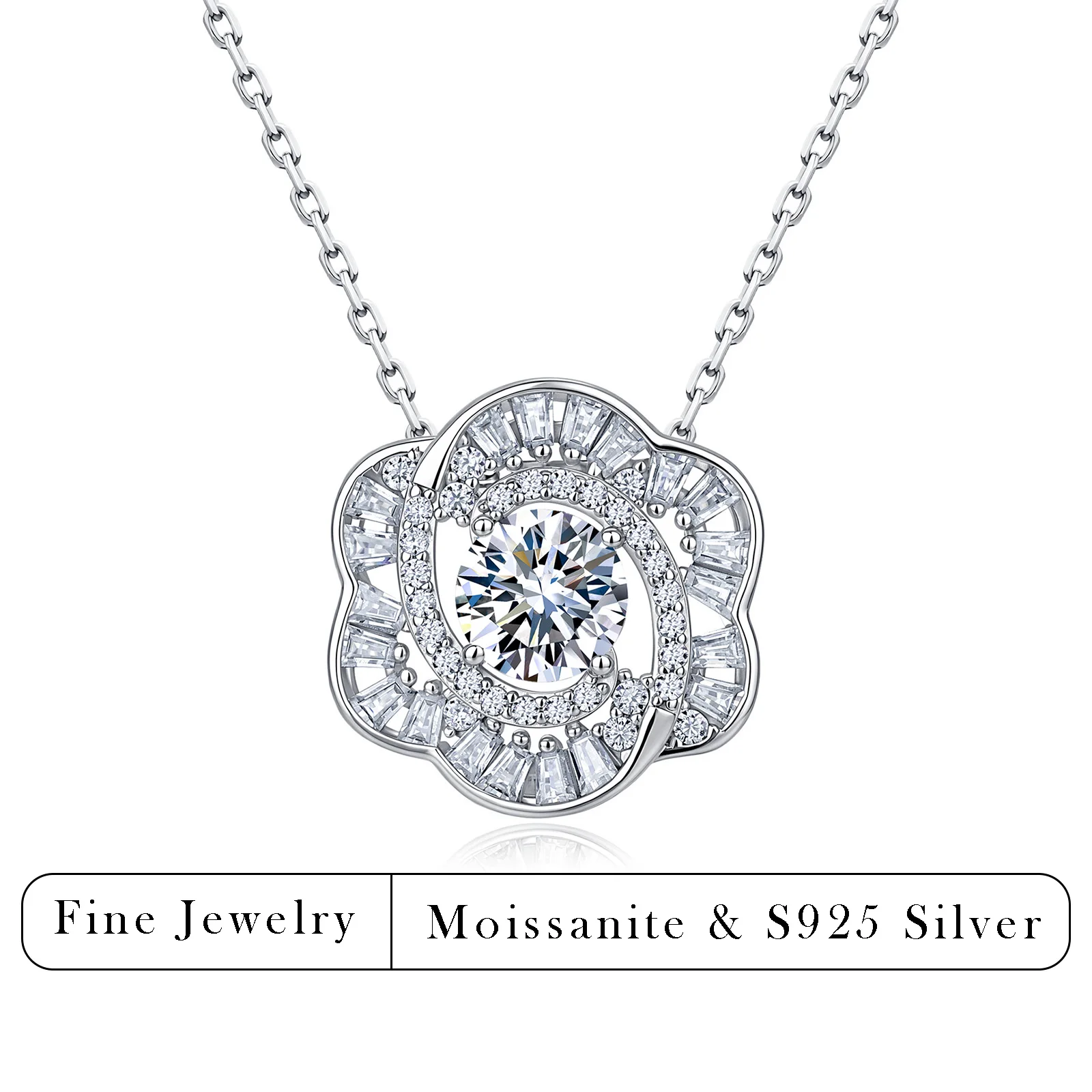 1.49ctw Spiral Four-Petal Flower Moissanite Necklace S925 Silver Mixed Round Baguette Stones Women Daily Wedding Jewelry