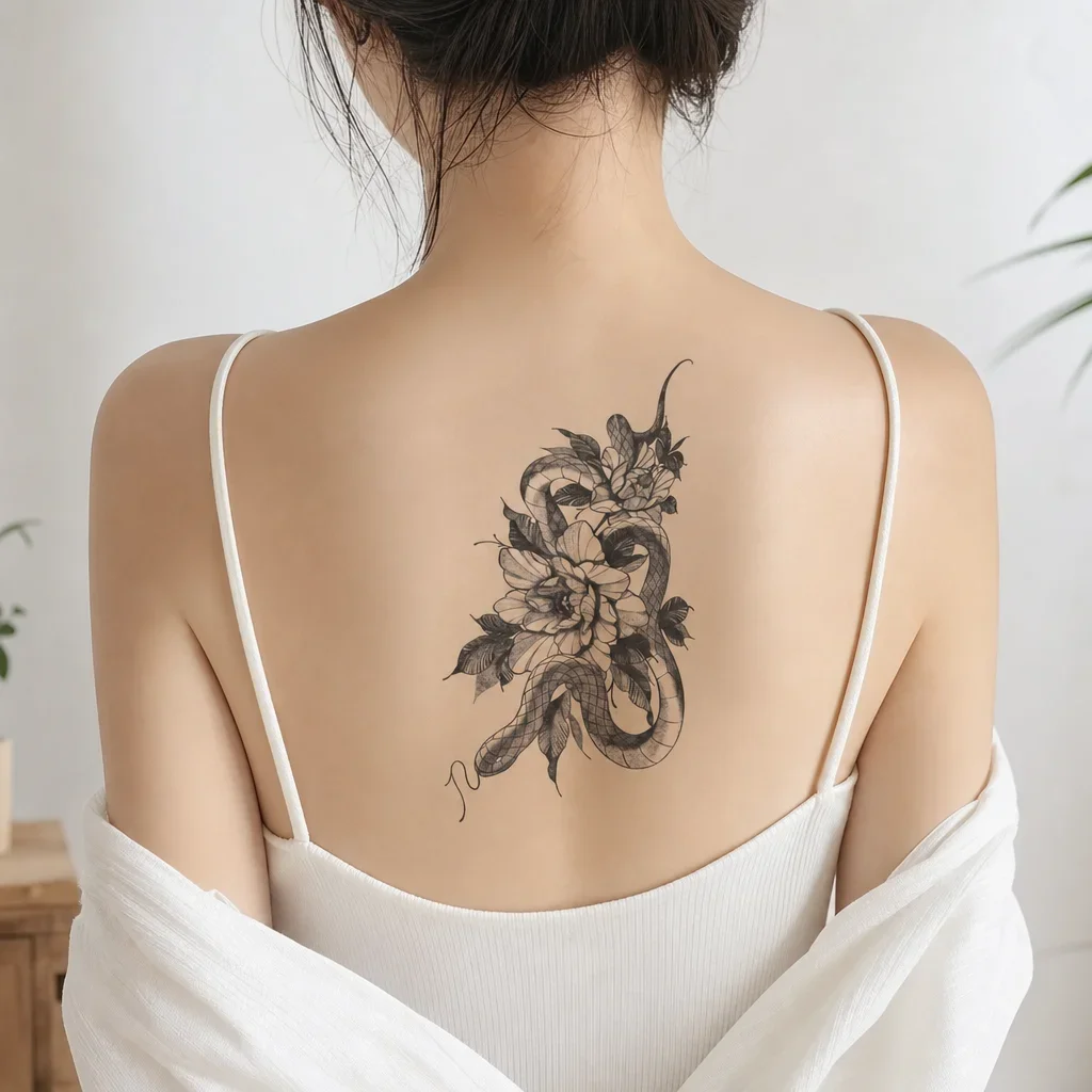 1 Sheet Per Pack Temporary Tattoo Sticker Black Waterproof Long Lasting Snake Floral Blackwork Fine Line Flower Back for Women