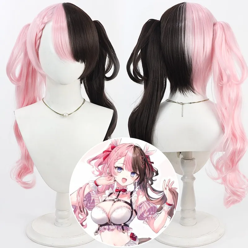 Virtual YouTuber Tachibana Hinano Cosplay Wig 70cm Long Wavy Pink And Brown Ponytail Heat Resistant Synthetic Hair