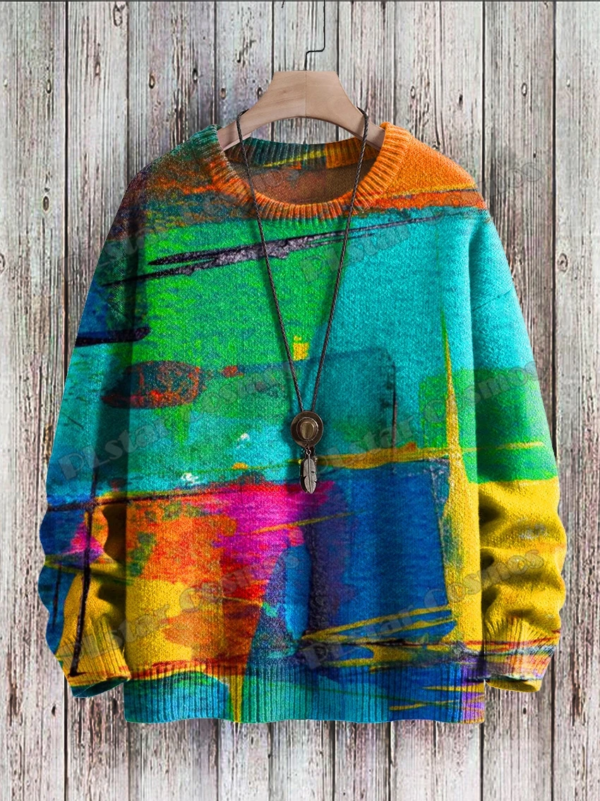 Vintage Gradient Art & Multicolor Pattern 3D Printed Men's Knitted Pullover Winter Unisex Casual Knit Pullover Sweater MYP22