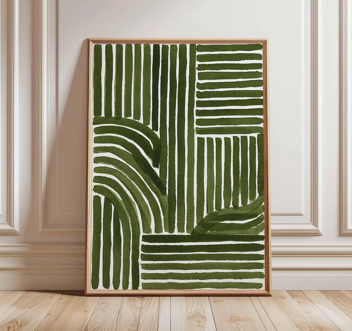 Impression d'art au trait abstrait vert – Affiche géométrique minimaliste moderne, décoration murale contemporaine, illustration inspirée du milieu du siècle