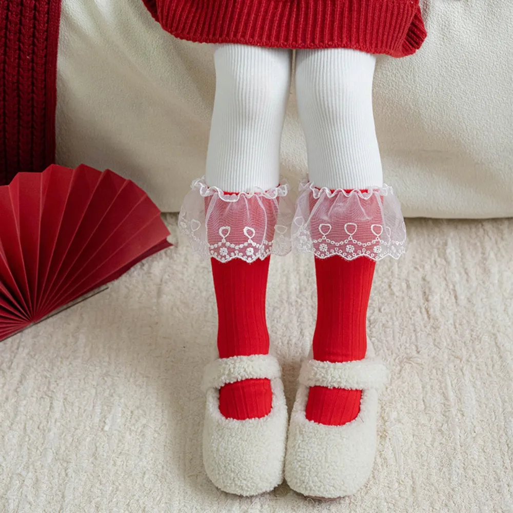 

Warm Female Hosiery New Year Red Socks Bow Lace Children Red Socks Cotton Middle Tube Socks Women