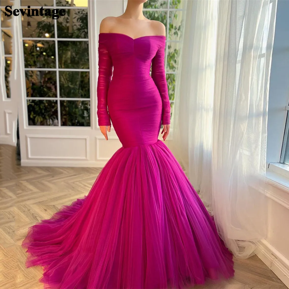 

Sevintage Fuchsia Memaid Tulle Prom Dresses Long Sleeves Off The Shoulder Court Train Evening Party Gowns Formal Women's Dress