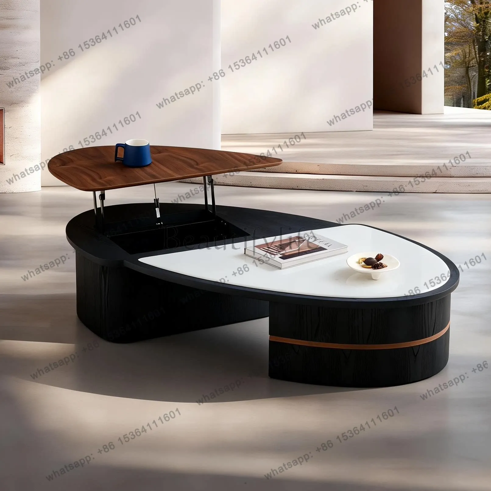 YJ  Modern Simple Oval Coffee Table Lifting Solid Wood Antique Coffee Table Special-shaped Living Room Multi-functional Coffee