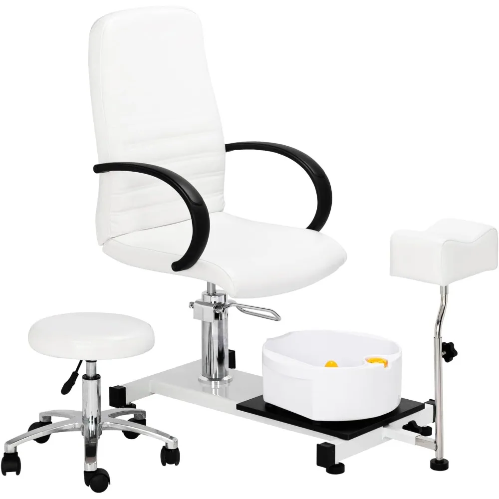 Silla de pedicura blanca con taburete y baño de pies de masaje de burbujas, silla de pedicura hidráulica para tecnología de uñas, estación de unidad