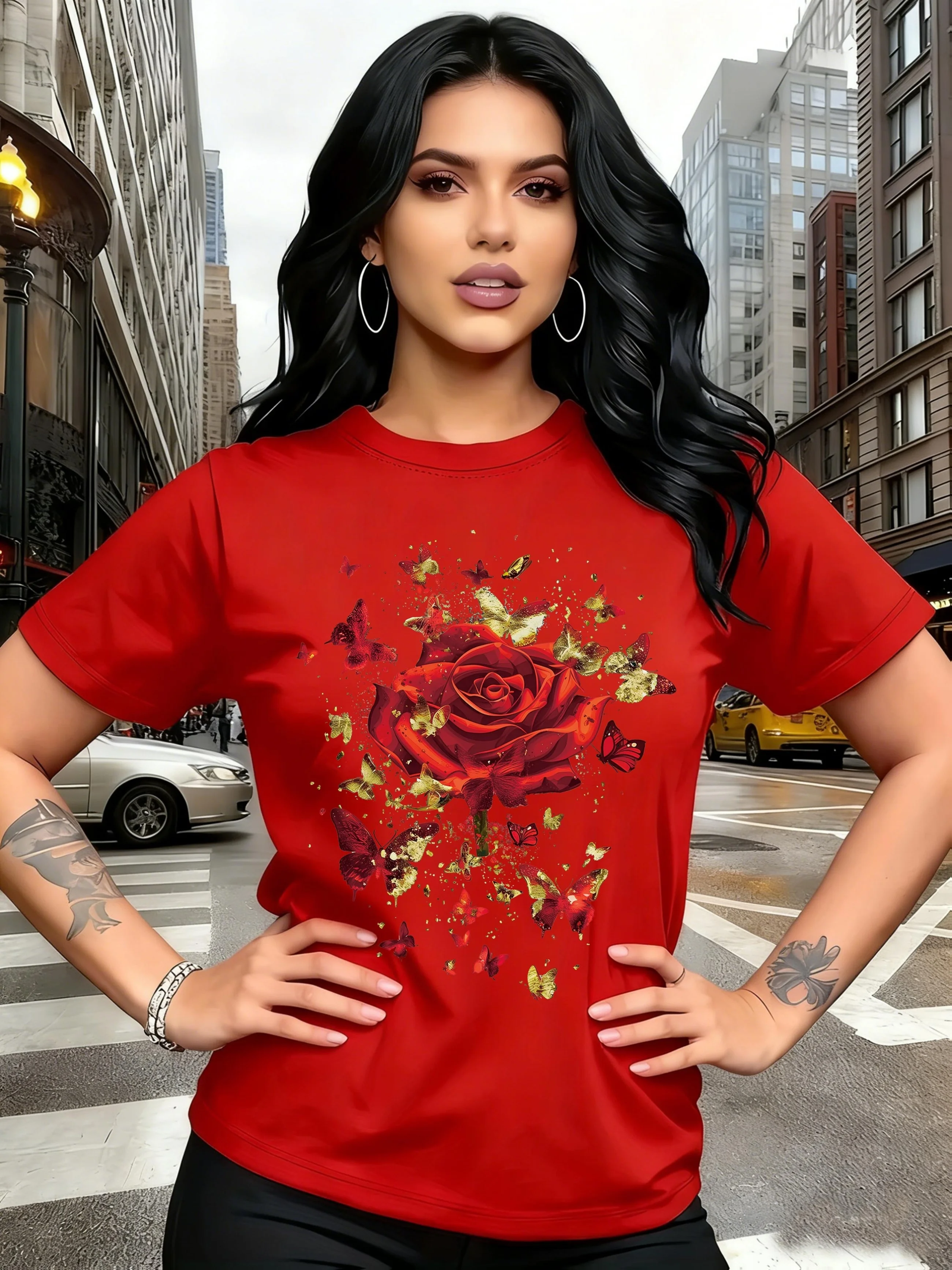 Rose Butterfly Printed Round Neck Short Sleeve Casual Style Vibrant Geometric Design Urban Style Printed T-Shirt Casual Trend