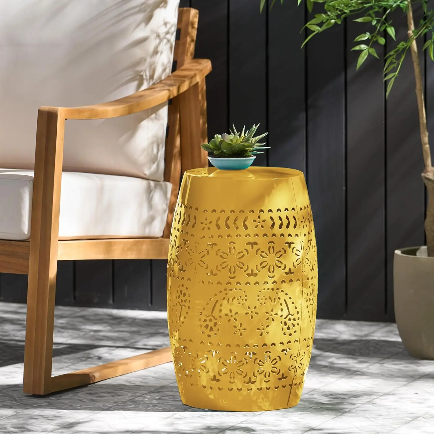 

Lace Cut Iron Outdoor Side Table, Hollow Drum Round Stool for Patio Balcony Garden Decor in Yellow