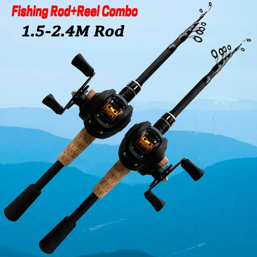 Telescopic Fishing Rod Kit Mini Portable Carbon Casting/Spinning Pole Max 8 KG Metal Spool Baitcasting Reel Combo Carp 1.5-2.4m