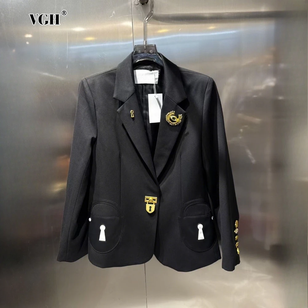 

VGH Black Slimming Cocktail Blazers for Women Notched Collar Long Sleeve Patchwork Pin Chic Formal Jackets Female Clothes New