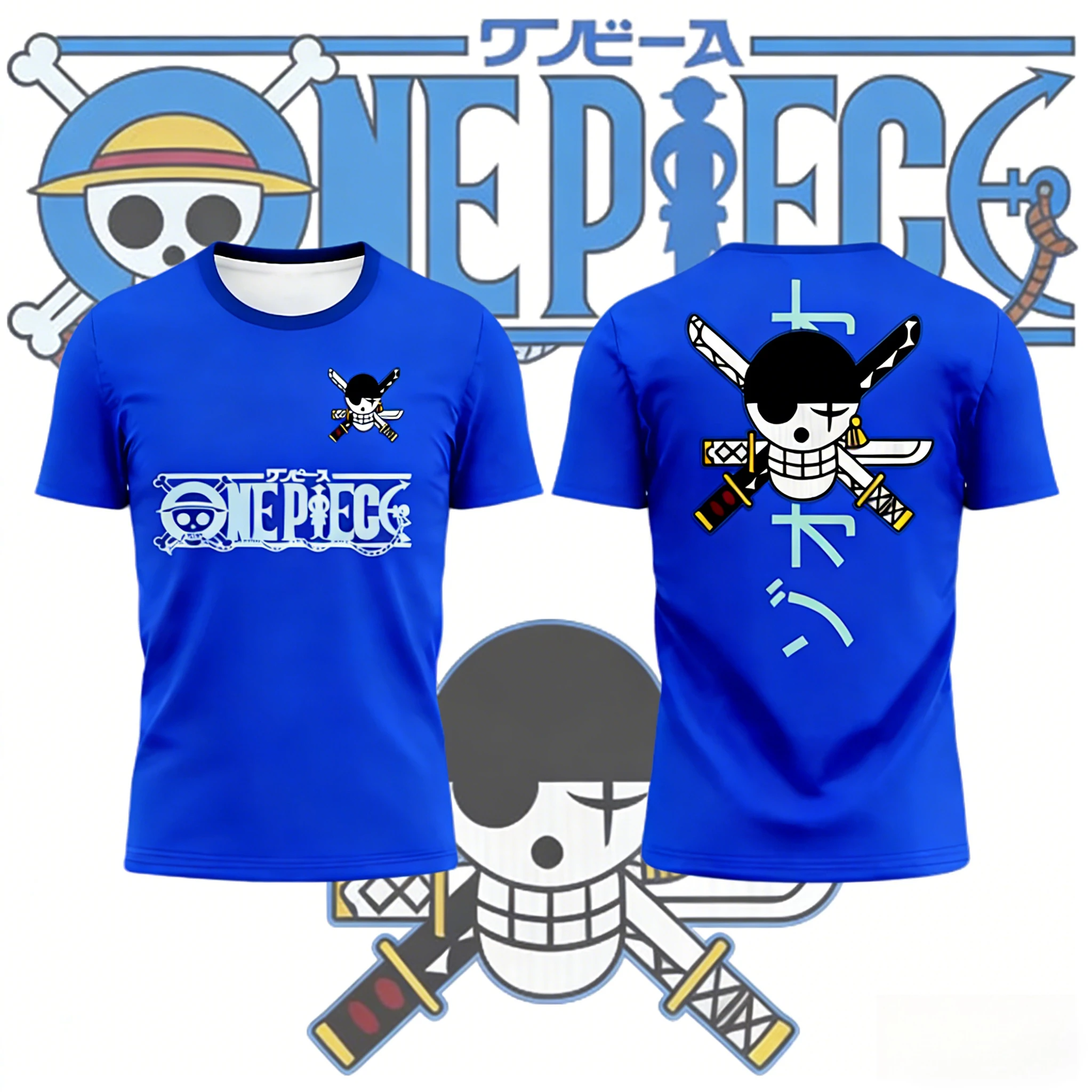 

2026 Summer One Piece Zoro Retro 3D Print T-Shirt, Adult & Kids Casual Sports Short Sleeve Tee with Three Swords Skull Elements