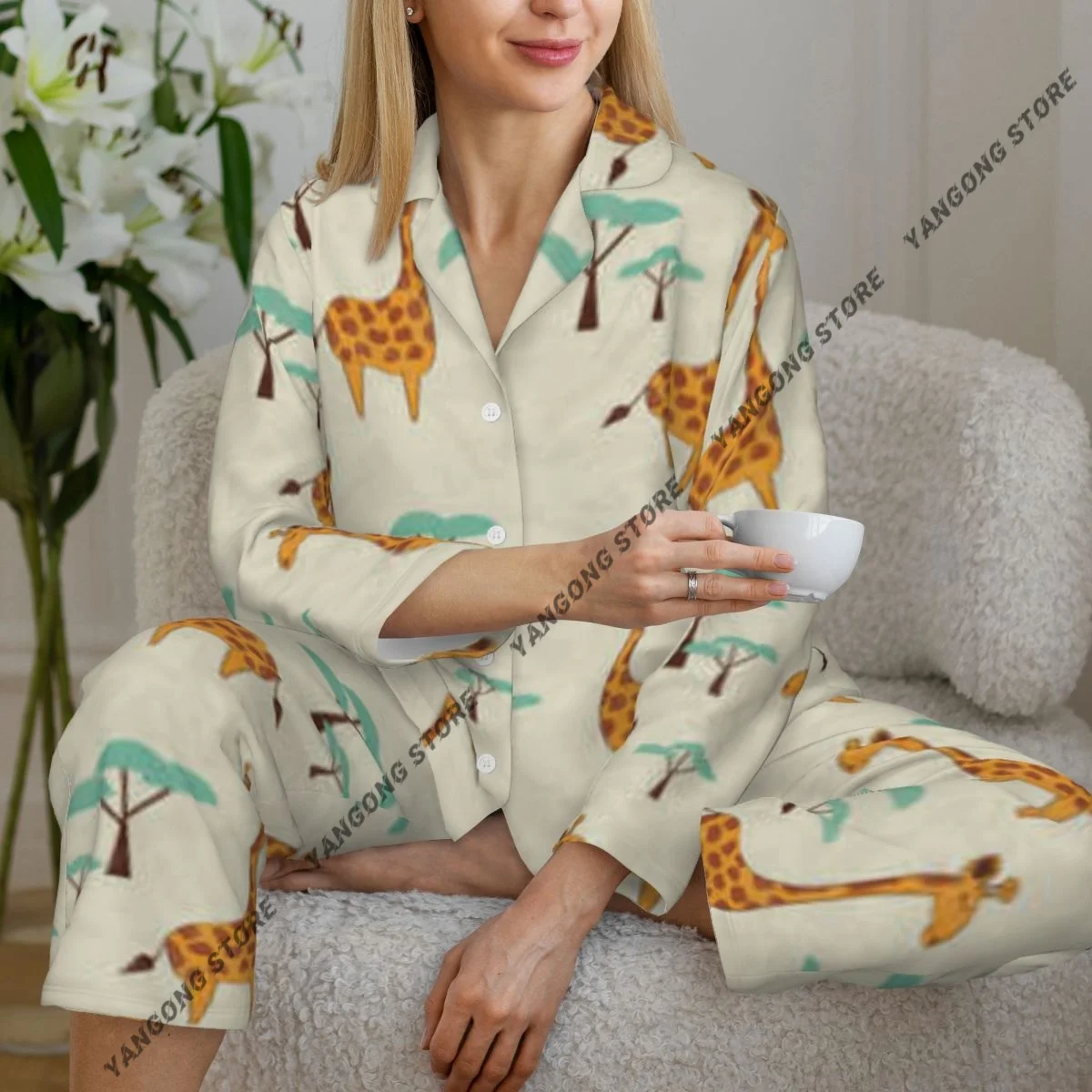 

Весенне-осенние брюки с длинными рукавами, пижамный комплект одежды для дома, женский свободный спальный костюм с милыми жирафами и деревьями