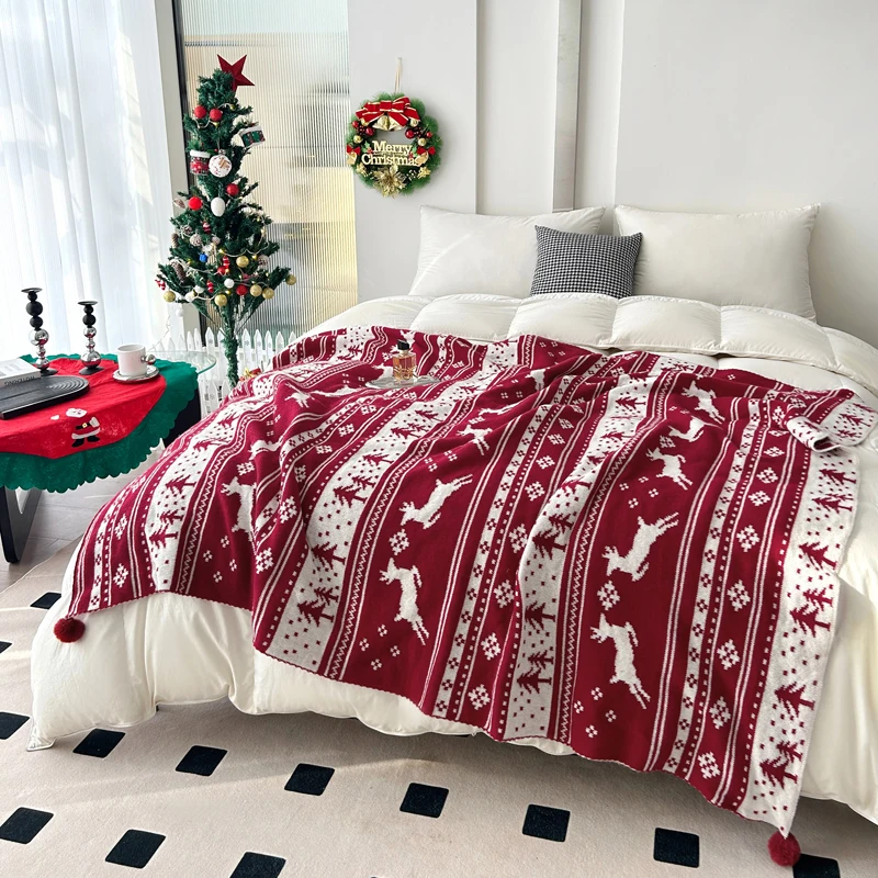 Christmas Knitted Throw Blanket Warm Plush Throw Blanket with Xmas Snowflake Soft Cozy Knitted Blankets Reversible Boho Blanket