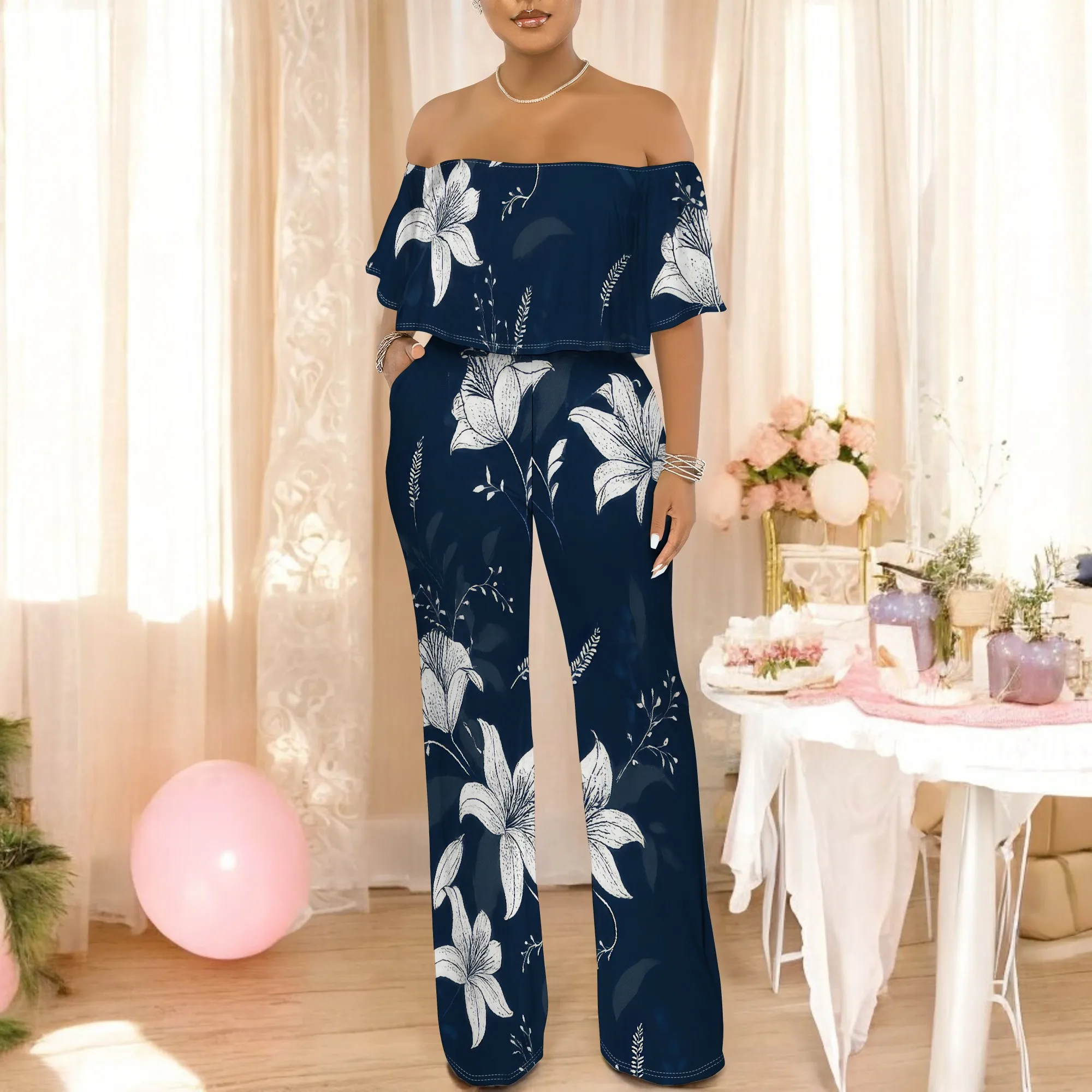 ปิดไหล่ด้านบน Ruffle ดอกไม้พิมพ์ Jumpsuits สําหรับผู้หญิงกางเกงขากว้าง Club Party ชุด Jumpsuit พร้อมกระเป๋า