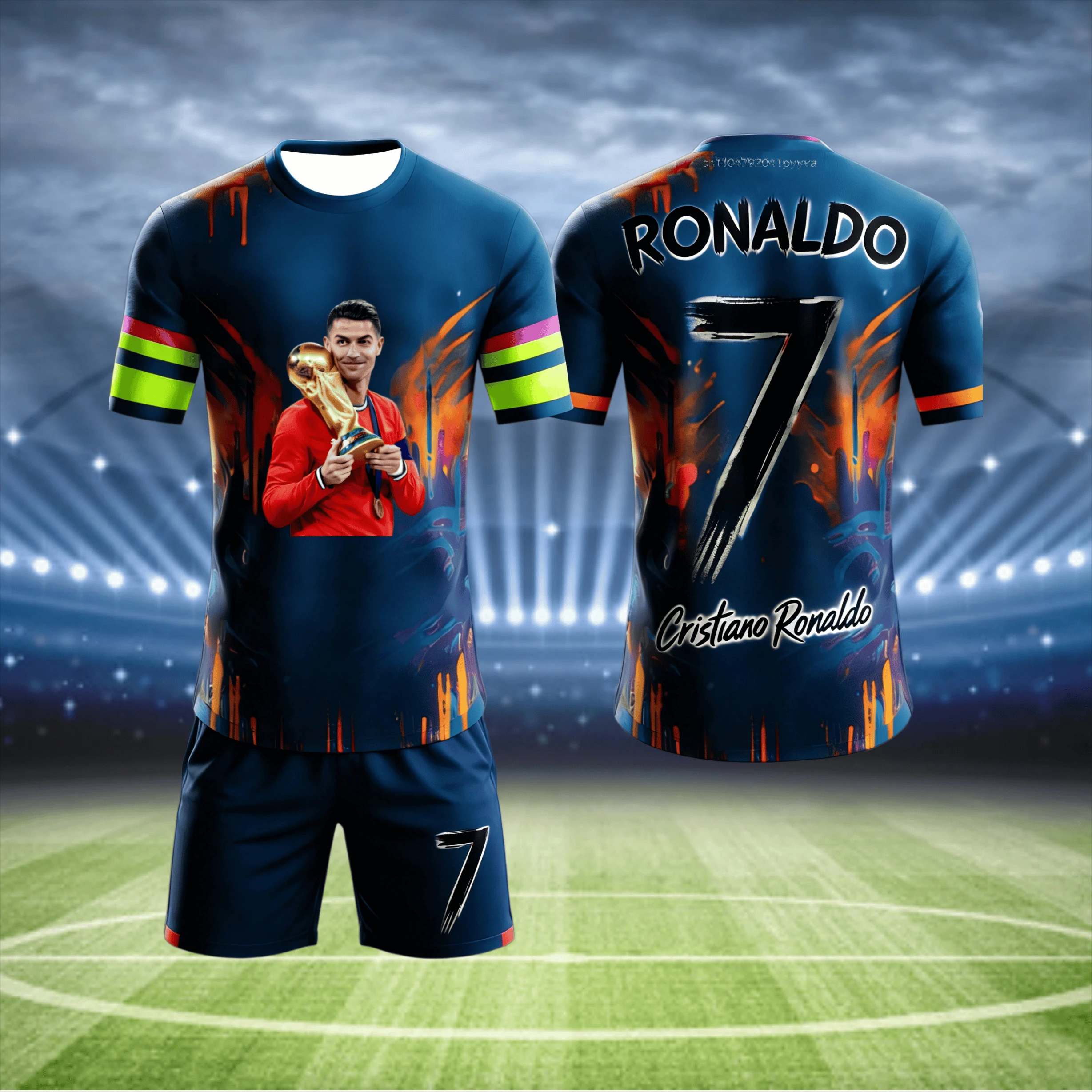 

# Роналдо №7 # Мужской и женский спортивный комплект с граффити-принтом: футболка и шорты, свободный крой, быстросохнущий, летний, новый стиль, для детей