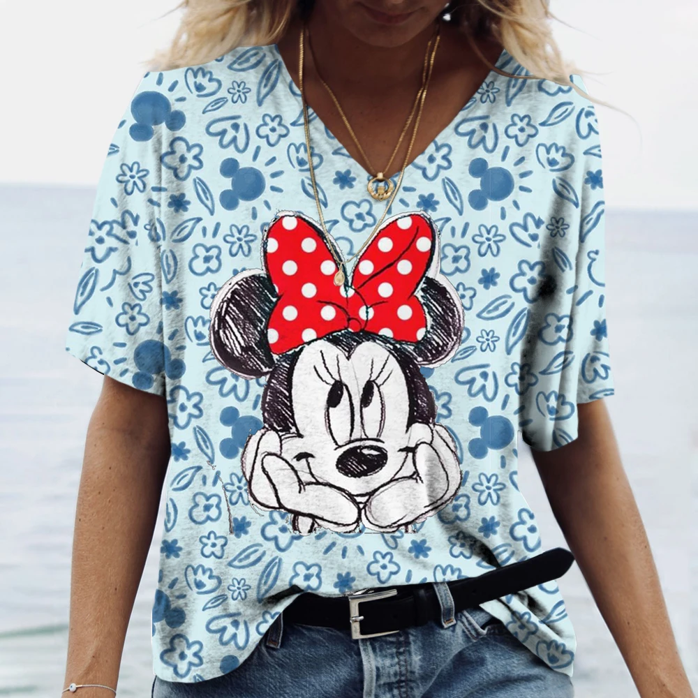 Woman Short Sleeve V Neck T Shirt Loose Summer Women\'s Clothing T-Shirts Disney Mickey Mouse Print T Shirt Oversize Pullover Top