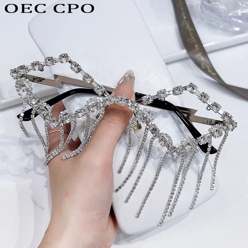 Diamond Metal Sunglasses Women Sexy No Lens Rhinestone Glasses Frame Ladies Pearl Tassel Luxury Eyewear Lunette Soleil Femme