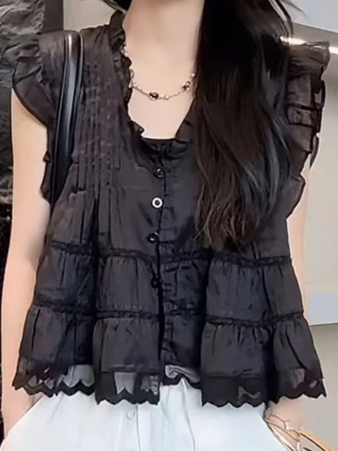 Summer Loose Large Size Women's irt Fairy Sve Lace Trim V-Ne Svel Top Gentle Wind Earlet Floral 