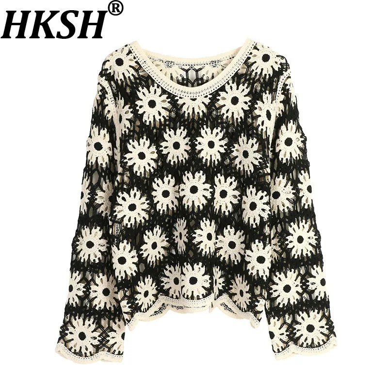 

HKSH весна осень новый женский свитер пуловер с круглым вырезом ажурный цветной блок с длинными рукавами элегантный милый трендовый вязаный топ HK18262