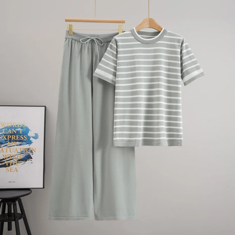 

Casual Women's Knit Striped Pullover Pants Set Loose O Neck Short Sleeve T-shirt Wide Leg Pant 2025 Lady Outfit