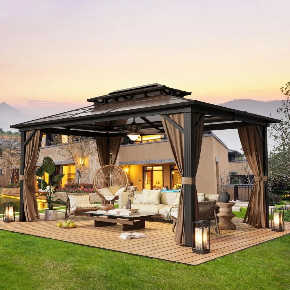 

10'x13' Hardtop Gazebo, Outdoor Polycarbonate Double Roof Canopy, Aluminum Frame Permanent Pavilion with Curtains and Netting,