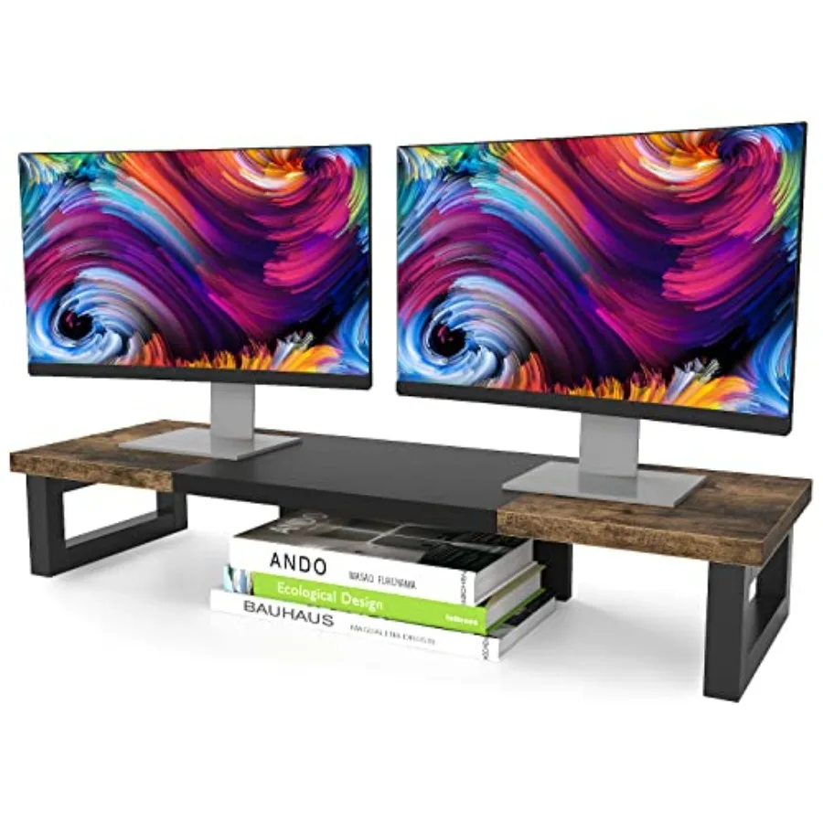 Dual Monitor Stand Riser Wood and Steel Multi-Purpose Desktop Storage Stand for 2 Monitors for Computer Laptop Printer TV