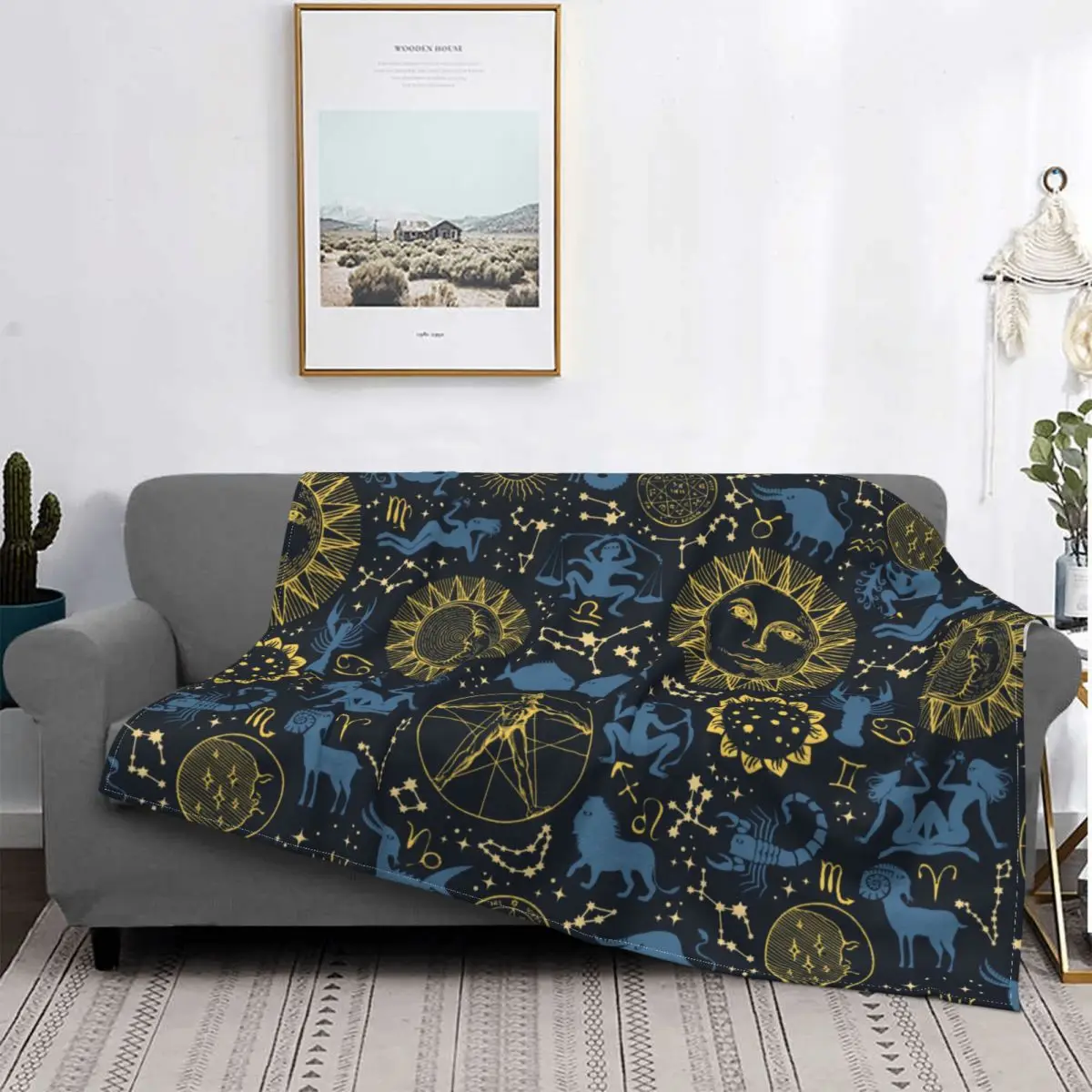 Zodiac Horoscope Signs Fleece Throw Blanket Sun Moon Stars Vitruvian Blankets for Home Office Warm Bedspread