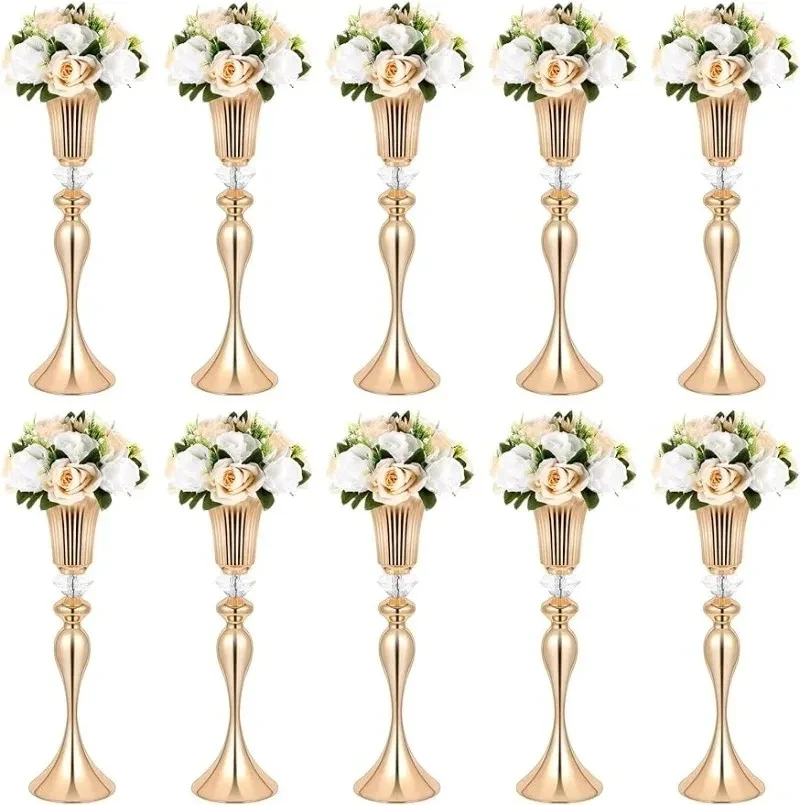 

110cm tall 4 gold 8 white) Gold Vases Centerpieces Wedding Flower Stand Gold Metal Flower Trumpet Vase with Acrylic Crystal Bead