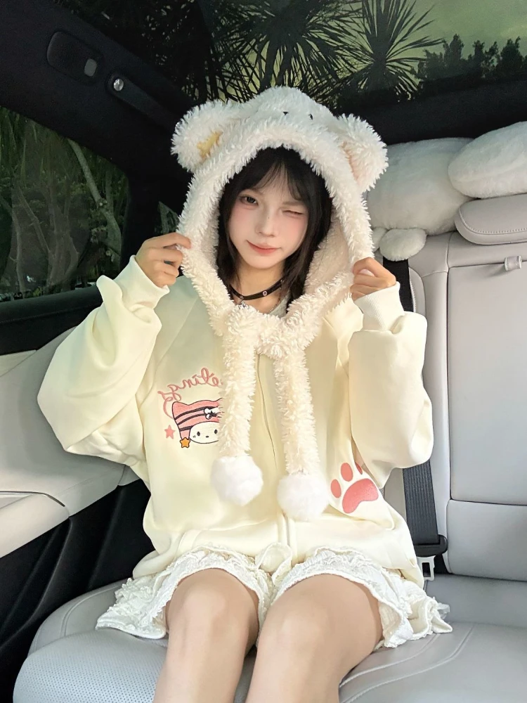 Kawaii Sweet Japanese Loose Long Sleeve Coat Women Autumn Hooded Zipper Print Lovely Overcoat Pretty Warm Fashion Lint Hoodie