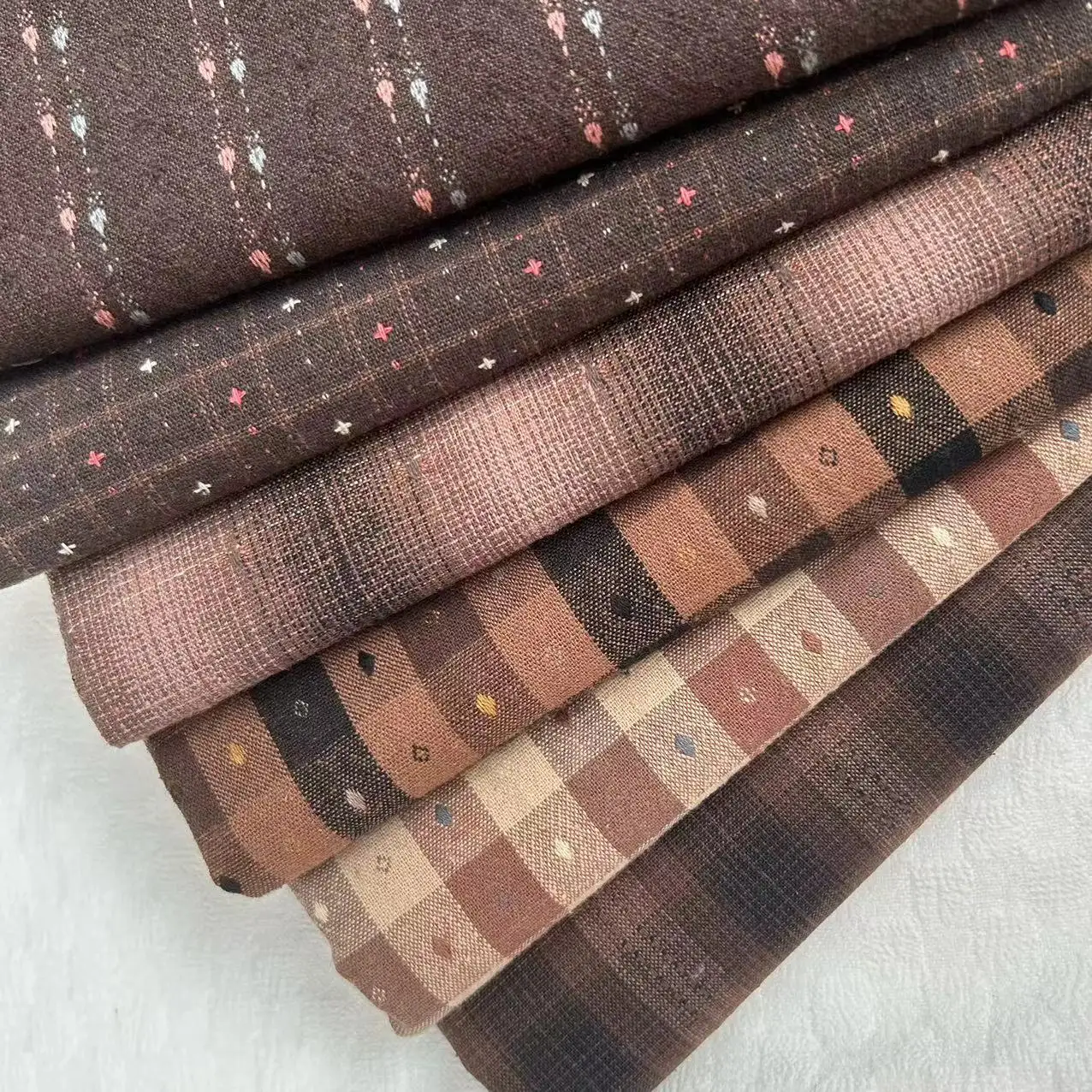 

50x140cm Retro Coffee-Colored Pure Cotton Pre-Dyed Fabric, Diy Children's Clothing With Small Check Stripes And Colorful Weaving