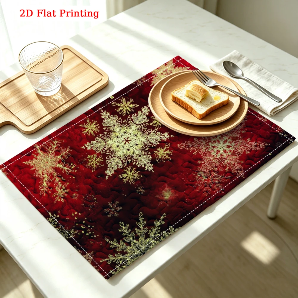 Red Background With Gold Snowflakes Kitchen Placemat Coaster Linen Pad Dish Coffee Cup Table Mat 30x40cm Home Decor