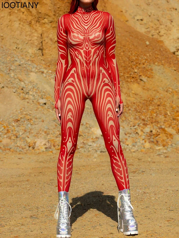 CosplayWomen Psychedelic Mesh Cosplay Jumpsuit Halloween Catsuit Mesh Festival Party Zentai Suit Rave Unique Suits Burning Man B