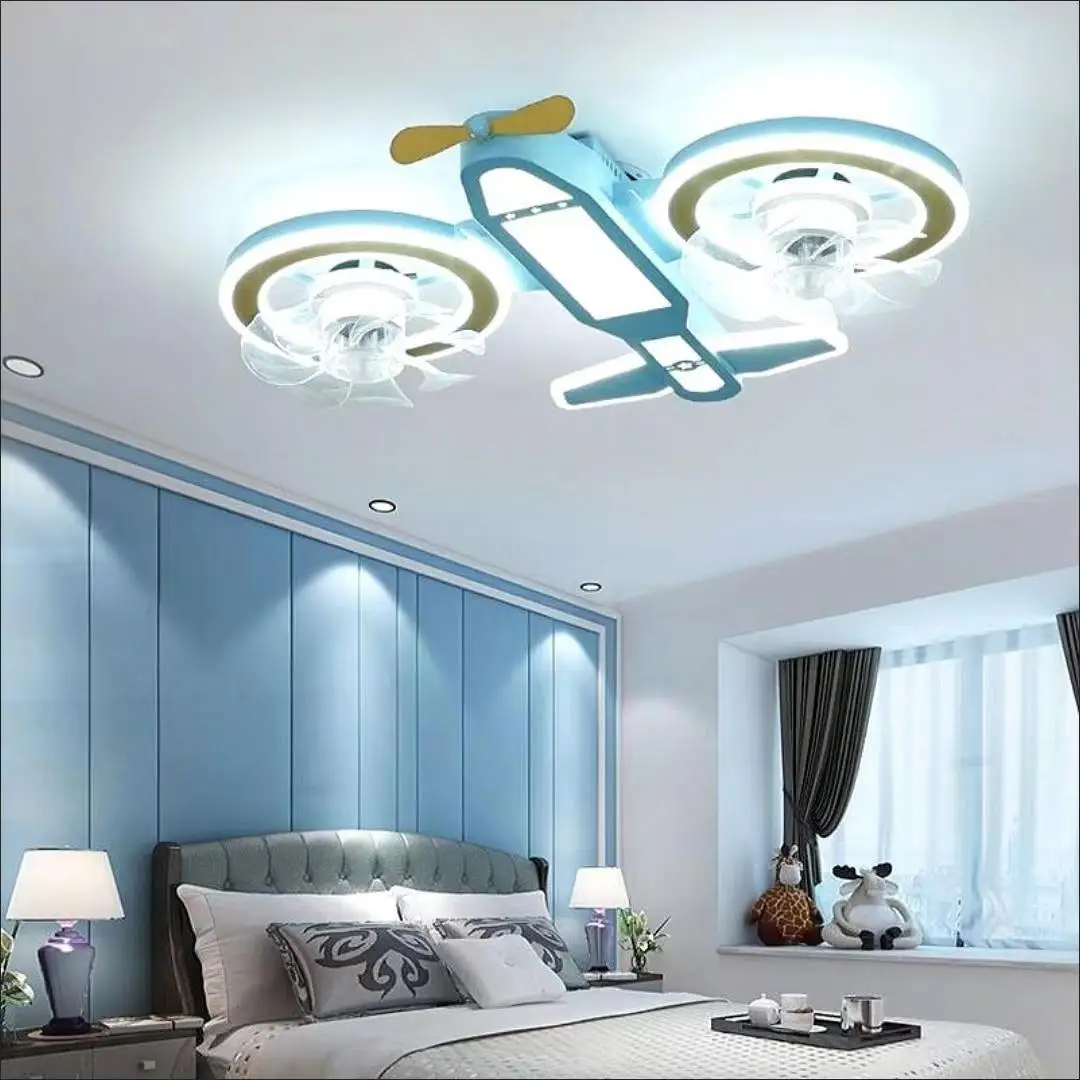 teto fan chandelier com luz led controle remoto aviao criancas quarto criancas 01