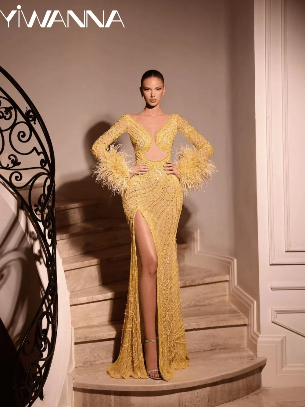 Yellow Beaded Feathers Long Evening Dress Fashion High Slit Long Sleeve Wedding Party Gown 2026 Customized Elegant Prom Dresses