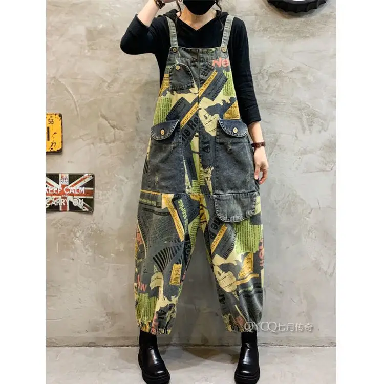 Nuove tute di jeans da donna primavera autunno tute stampate larghe moda retrò femminile casual spallacci pantaloni in denim