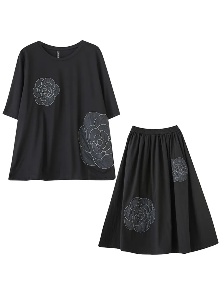 Oversized Flower Embroidery Summer 2 Two Piece Set Women Fashion Casual Ladies Blouses Ruffle Pleated Loose Woman Midi Skirts