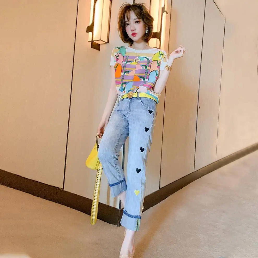 Cartoon Printed T-shirt+heart Shaped Embroidery High Waisted Straight Tube Jeans Set for Women's Spring/summer 2023 New Style