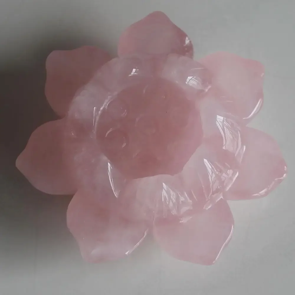 Hand Carved crystal Gemstone Rose Quartz Lotus Flower Ornament Home Decor piece