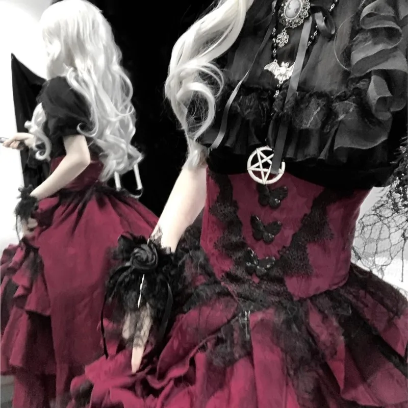 Dark Goth Wind Black Shirt Red Lift Skirt Suit Dress